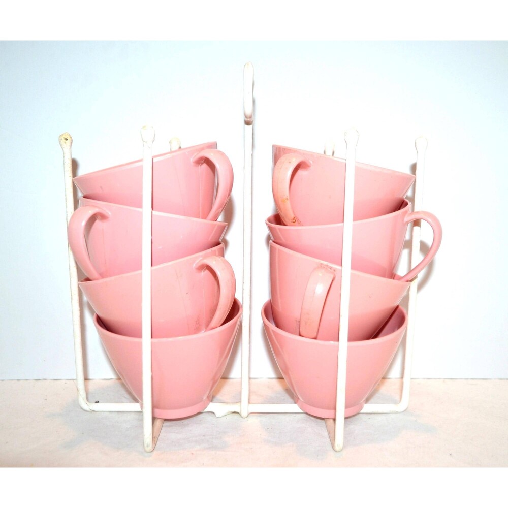 1950s Pink Melmac Lenoxware Eight Cups with Caddy MCM Mod Retro